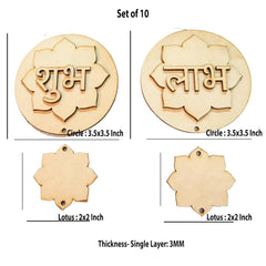 Set of wooden lotus-shaped decorations with engraved text, including dimensions and thickness details.