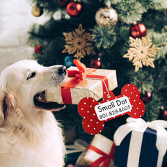 Dog with a gift box in front of a decorated Christmas tree, featuring a 'Small Dot' label.