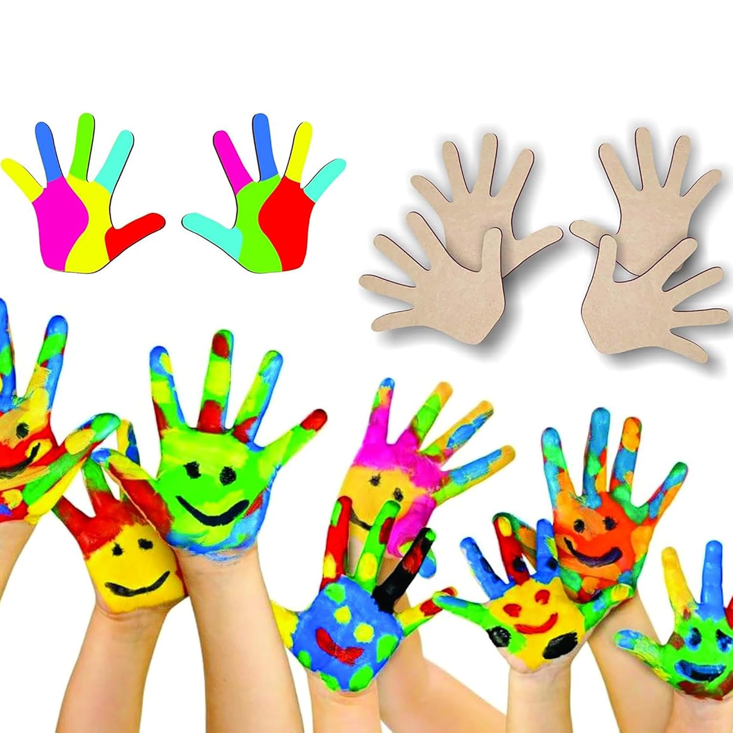Colorful handprints with smiley faces and cardboard cutouts of hands on a white background