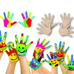 Colorful handprints with smiley faces and cardboard cutouts of hands on a white background