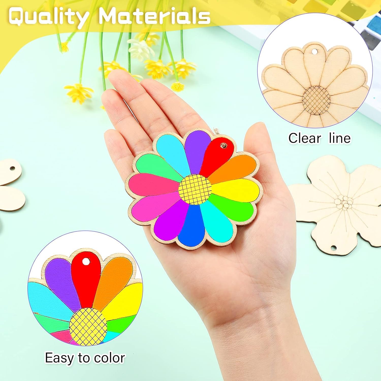 Colorful wooden flower-shaped craft item held in a hand with decorative elements and text about material quality.