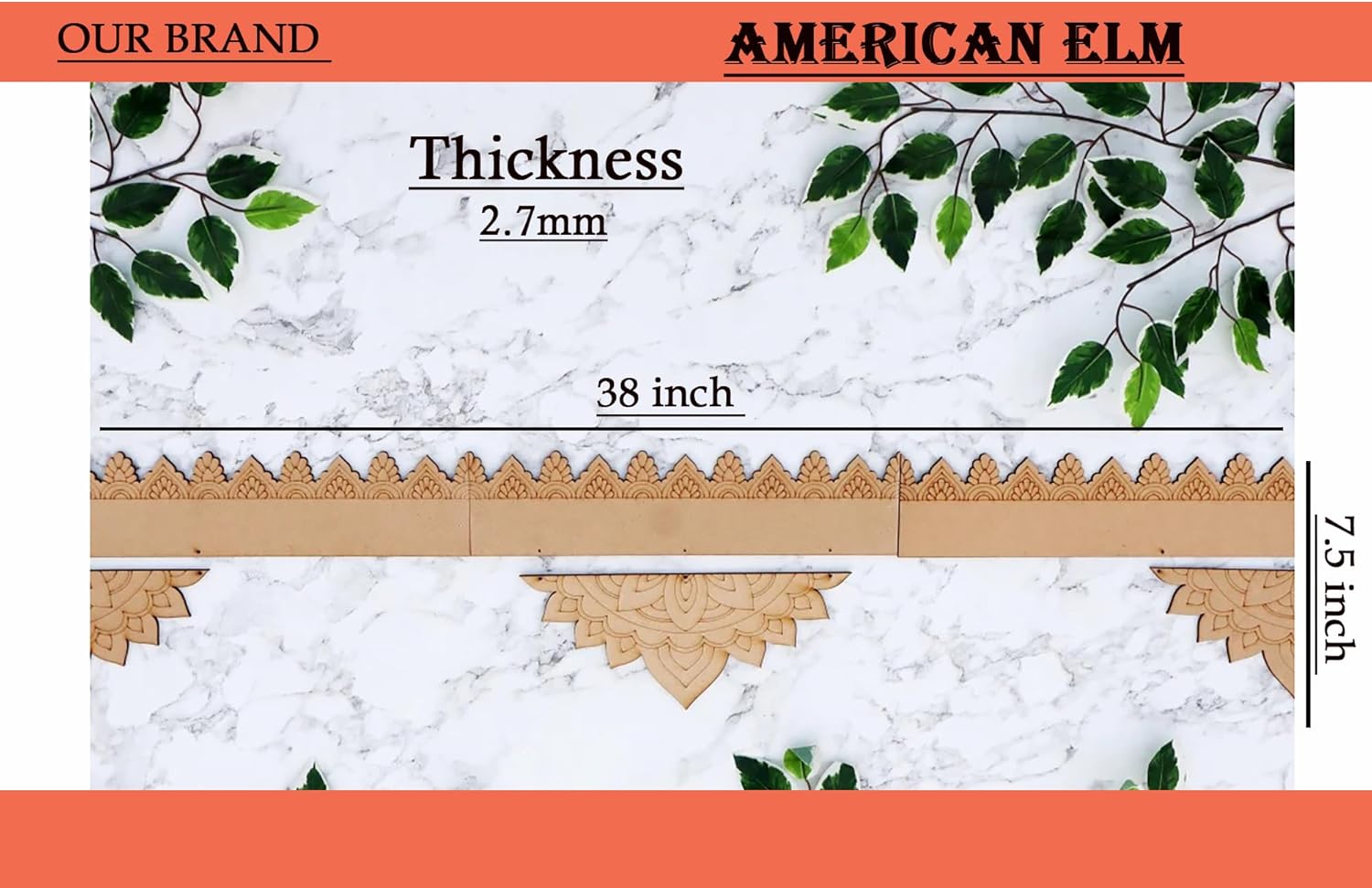 Wooden trim sample with measurements on a white background with green leaves.