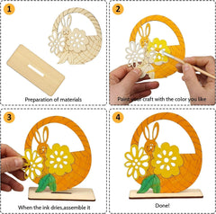 Step-by-step guide to assembling a wooden craft with a rabbit and flower basket design.