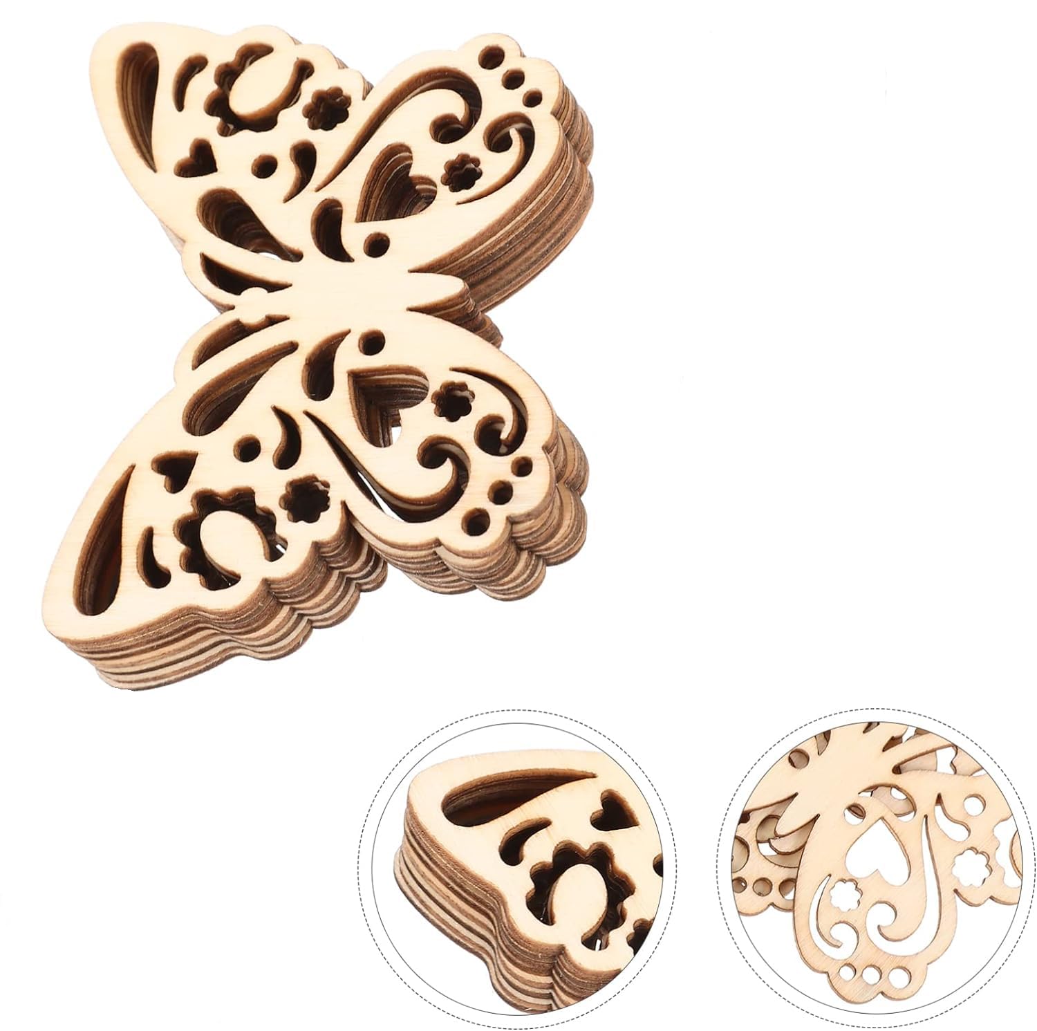 Wooden butterfly cutout with intricate designs on a white background
