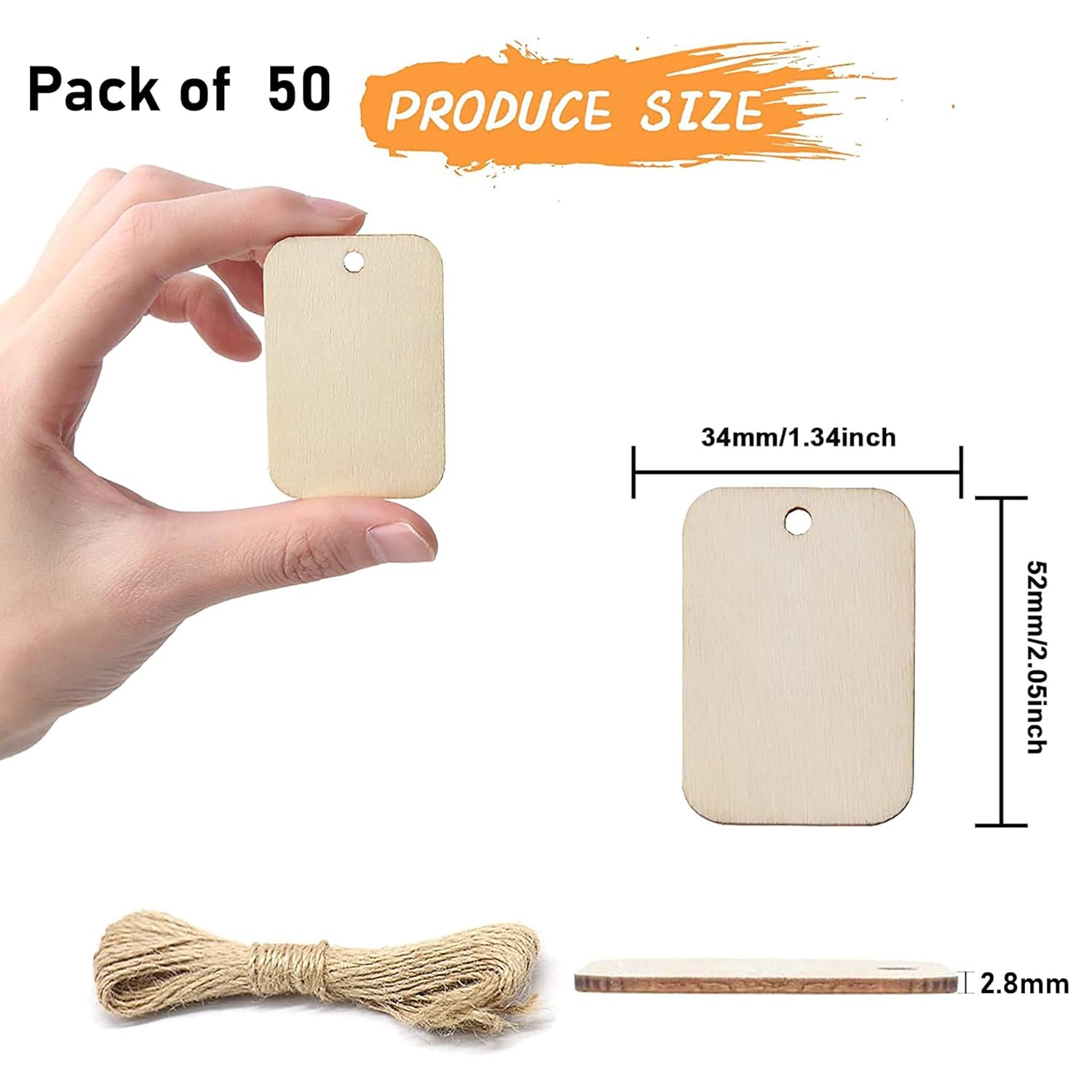 Pack of 50 wooden tags with dimensions and a hand holding one tag.