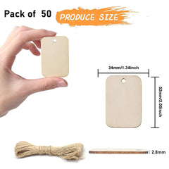 Pack of 50 wooden tags with dimensions and a hand holding one tag.