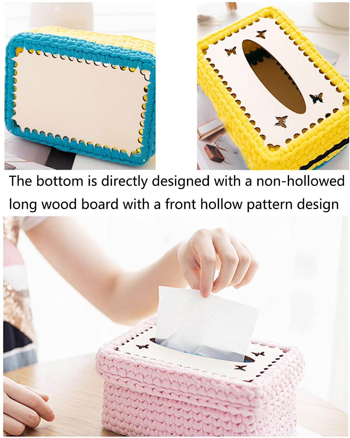 Decorative tissue box with a non-hollowed long wood board and front hollow pattern design.