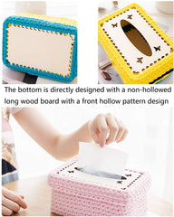 Decorative tissue box with a non-hollowed long wood board and front hollow pattern design.
