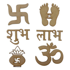 Set of wooden symbols including a swastika, feet, and Sanskrit letters on a white background.