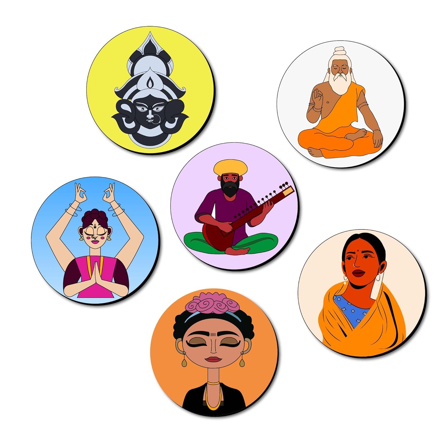 Set of six circular illustrations featuring different characters on a white background