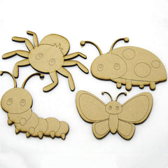 Four wooden insect shapes on a white background