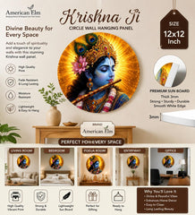 American Elm Lord Krishna Round Wall Hanging Circle Wall Decor 3 mm Thick Sunboard HD Printed Spiritual Wall Art for Home, Pooja Room & Office