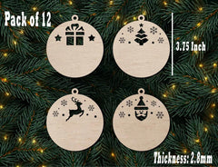 Four wooden Christmas ornaments with designs on a green leafy background with lights.