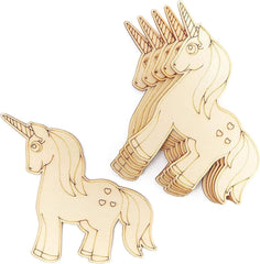 Two wooden unicorn models on a white background