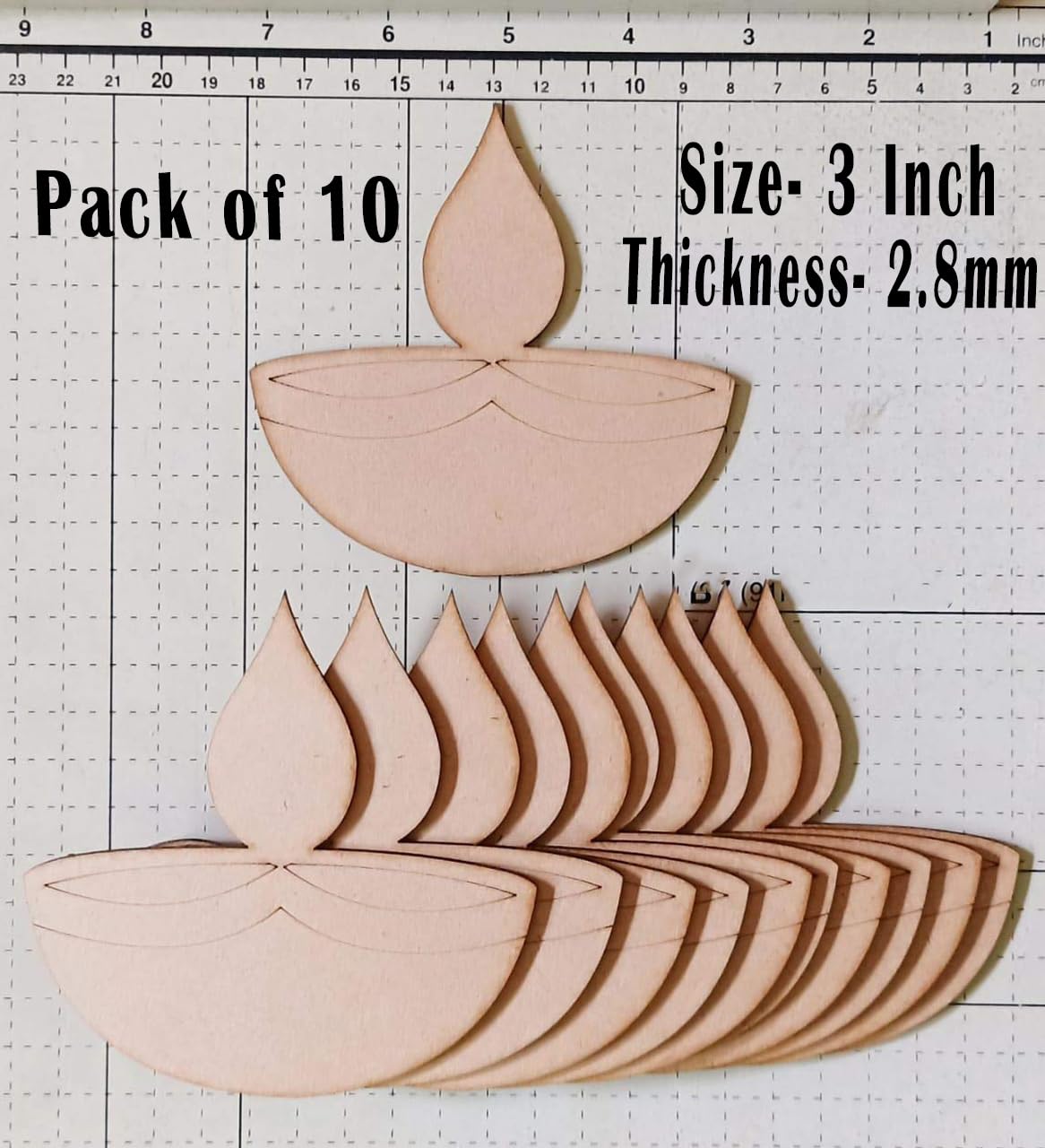 Pack of 10 wooden candle shapes on a white background with measurements.