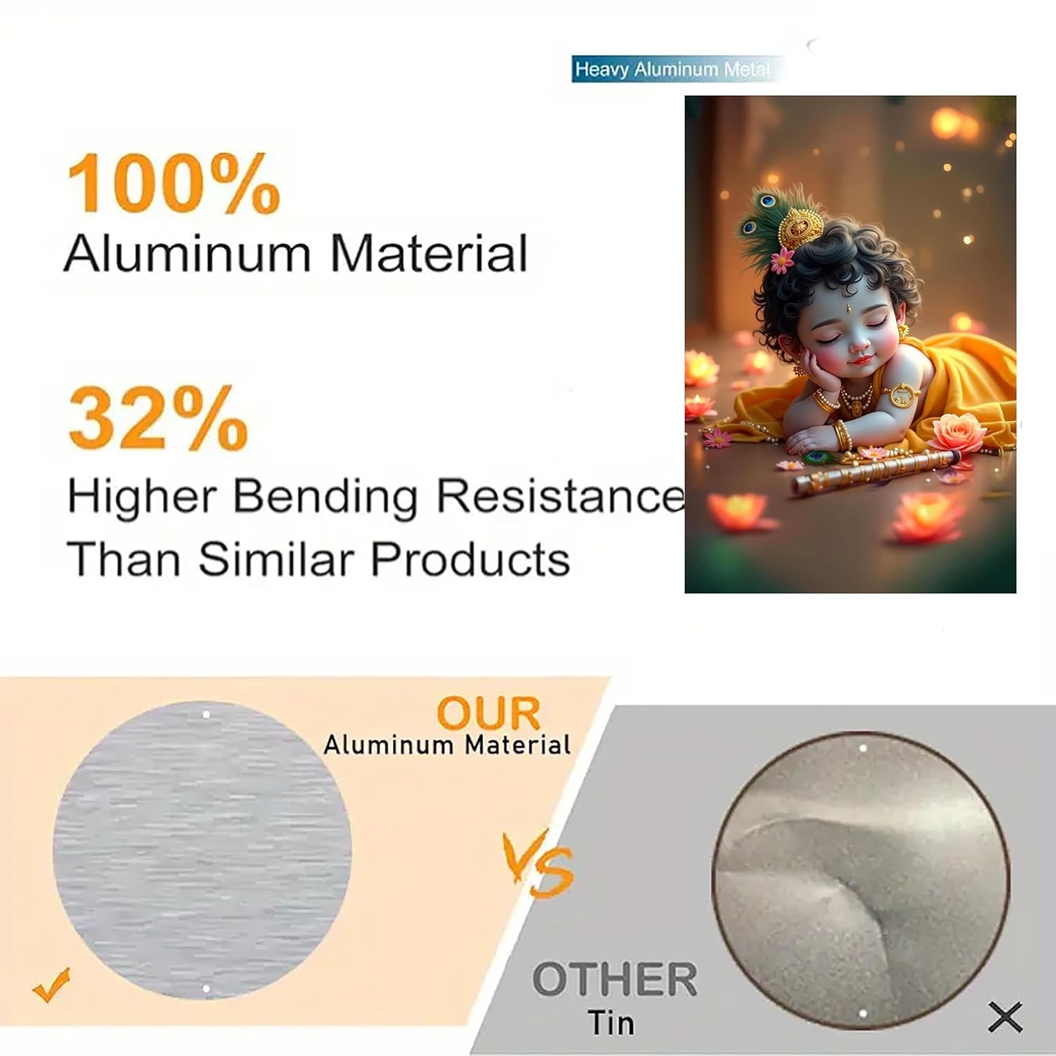 Product comparison chart highlighting aluminum material and bending resistance with an image of a decorative item.