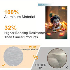 Product comparison chart highlighting aluminum material and bending resistance with an image of a decorative item.