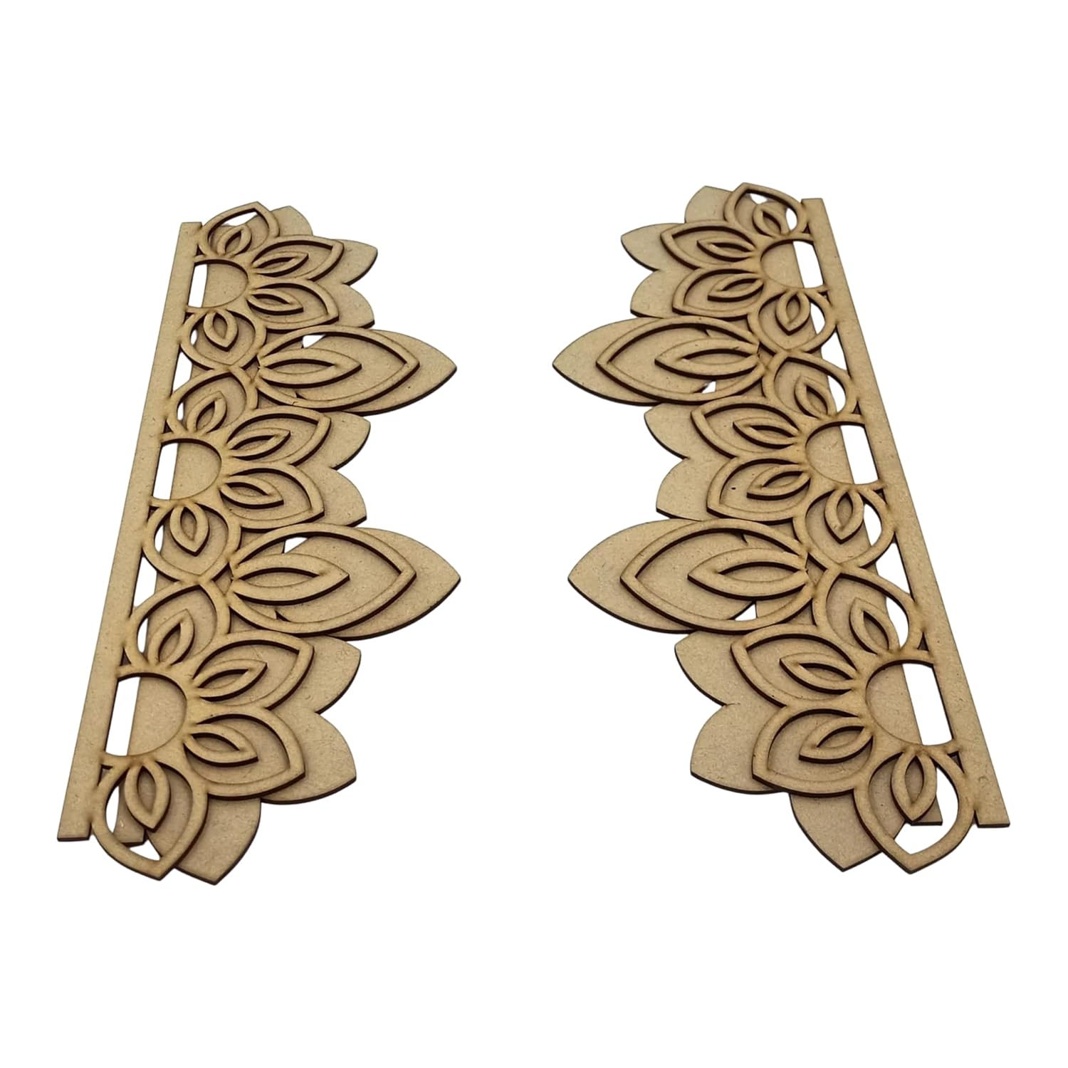 Two wooden leaf-patterned earrings on a white background