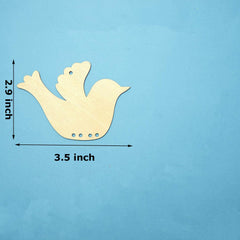 Wooden dove shape with measurements on a blue background