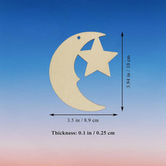 Wooden moon and star cutout with measurements on a gradient blue and pink background