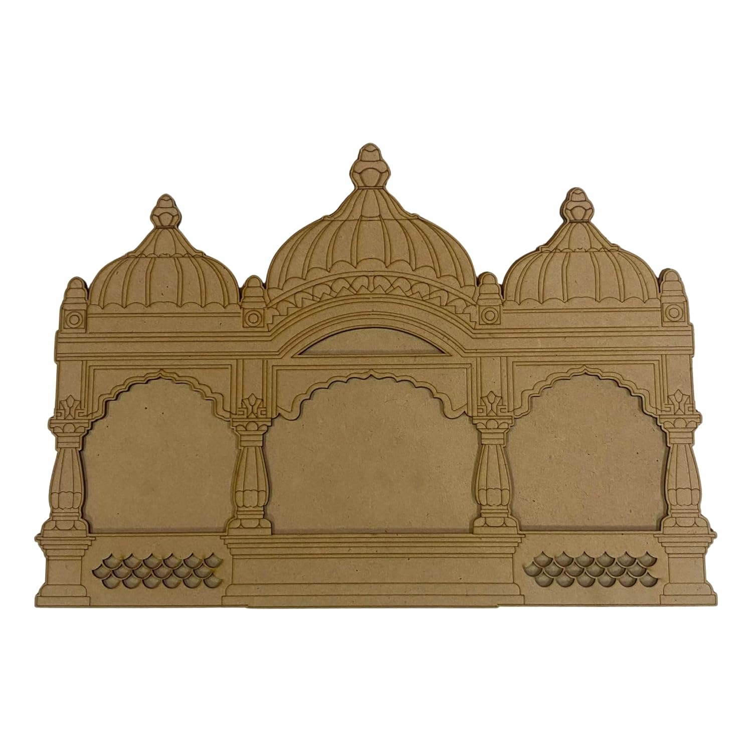 Decorative wall art with three domed structures on a white background