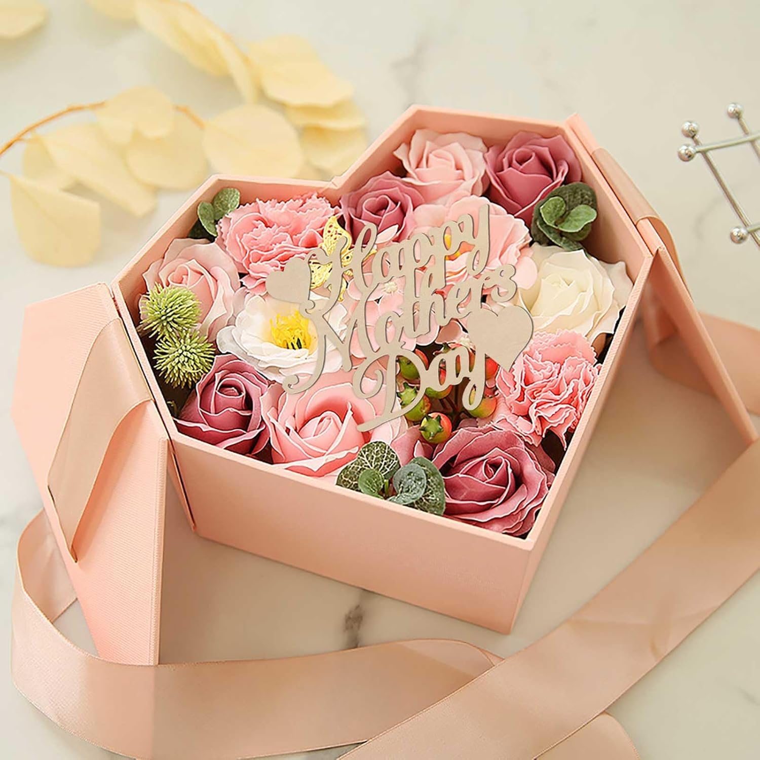 Hexagonal pink box filled with pink roses and flowers, featuring a 'Happy Father's Day' message.