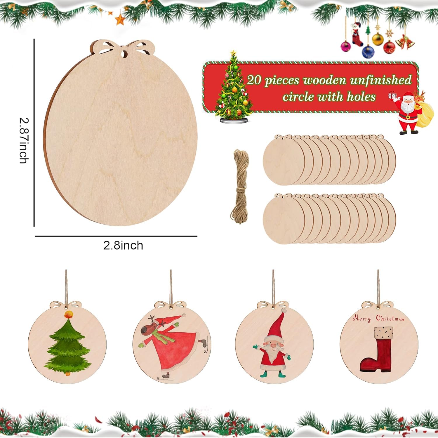 Wooden Christmas ornaments with measurements and decorative elements.