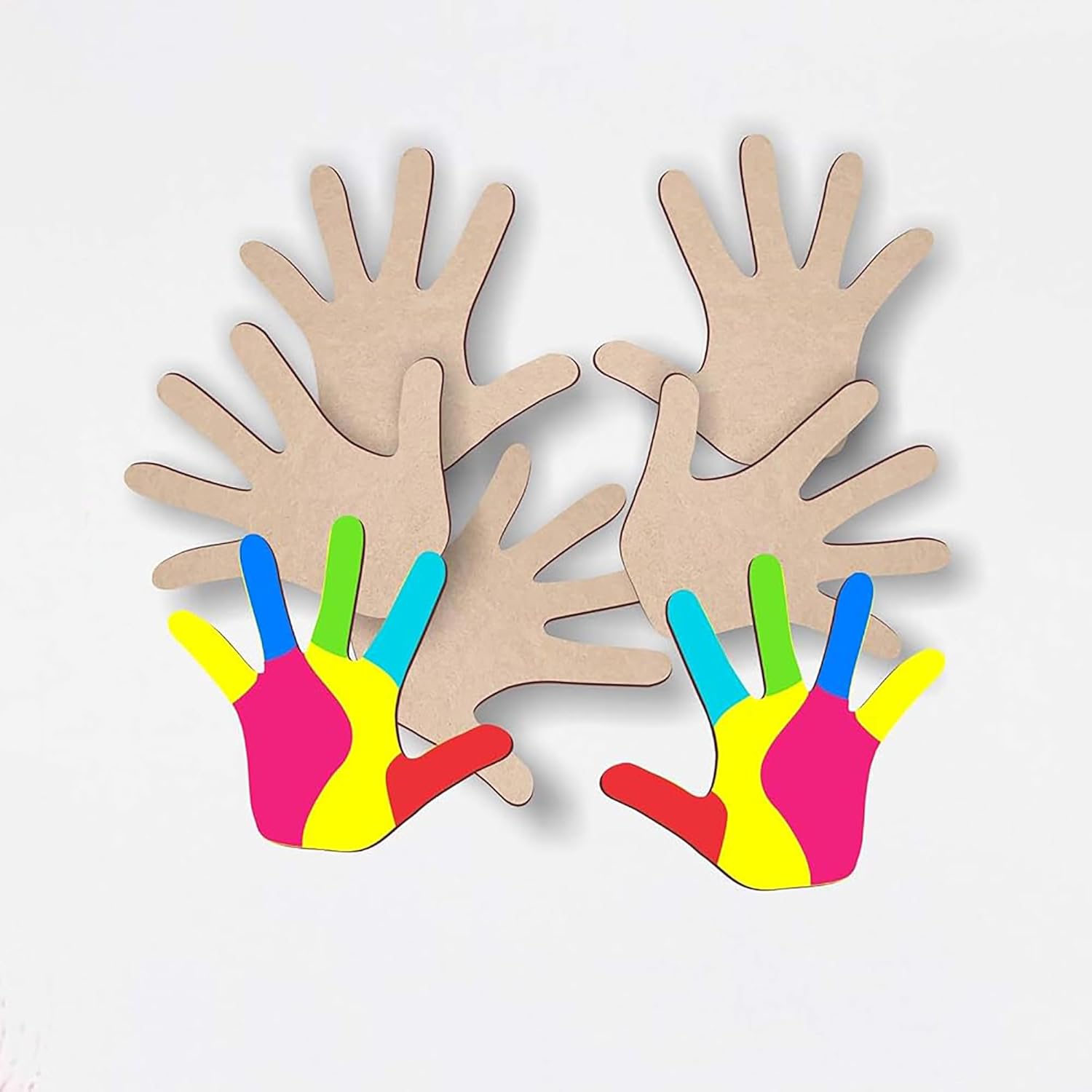 Cardboard hand-shaped cutouts with colorful handprints on a white background