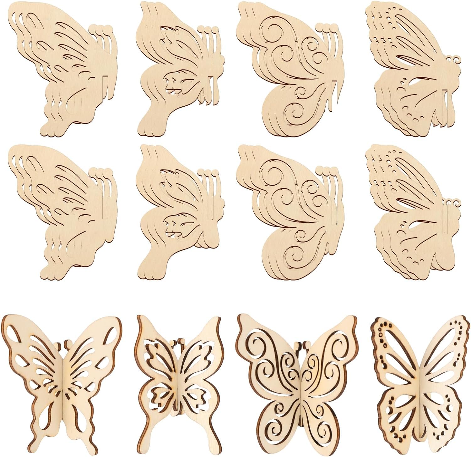 Wooden butterfly decorations with intricate cut-out patterns on a white background