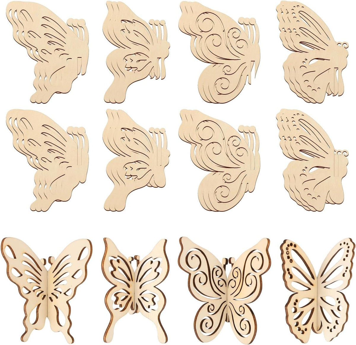 Wooden butterfly decorations with intricate cut-out patterns on a white background