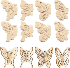 Wooden butterfly decorations with intricate cut-out patterns on a white background