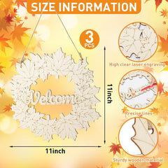 Wooden wreath with 'Welcome' text, size information, and leaf decorations on a fall-themed background.