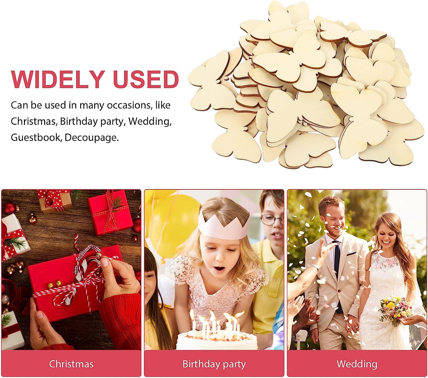 Wooden heart-shaped decorations with examples of use on Christmas, birthday party, and wedding occasions.