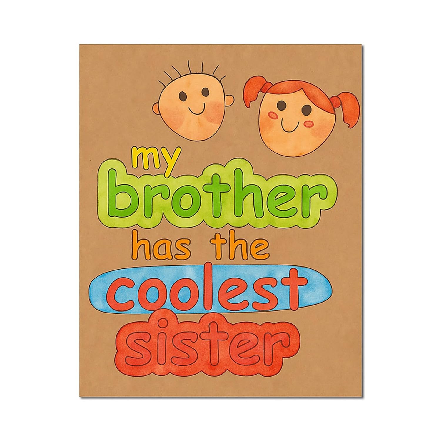 Cartoon illustration of a brother and sister with text on a brown background