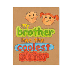 Cartoon illustration of a brother and sister with text on a brown background