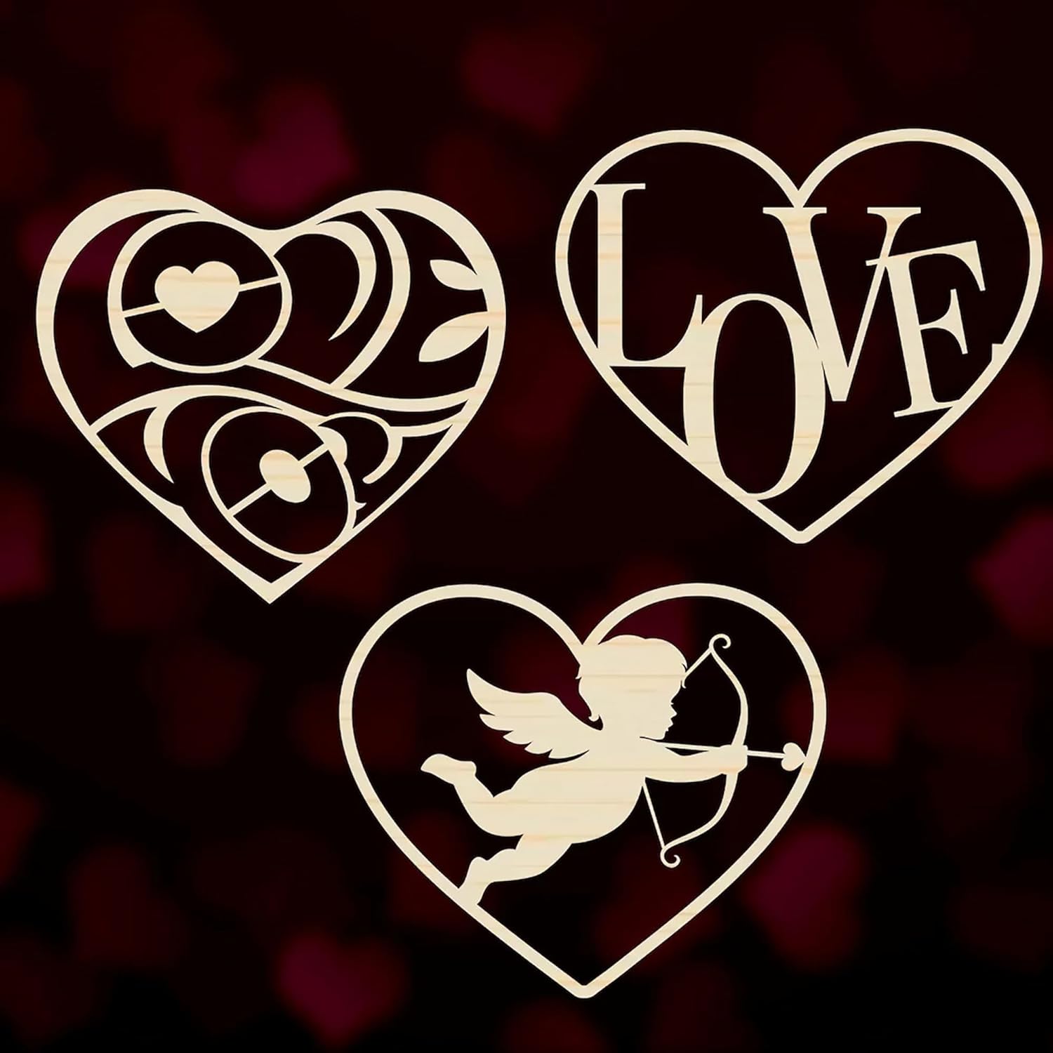 Three heart-shaped designs with decorative elements on a dark background