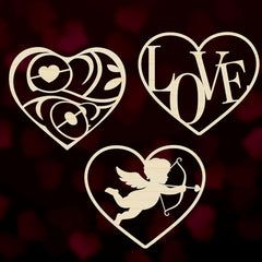 Three heart-shaped designs with decorative elements on a dark background