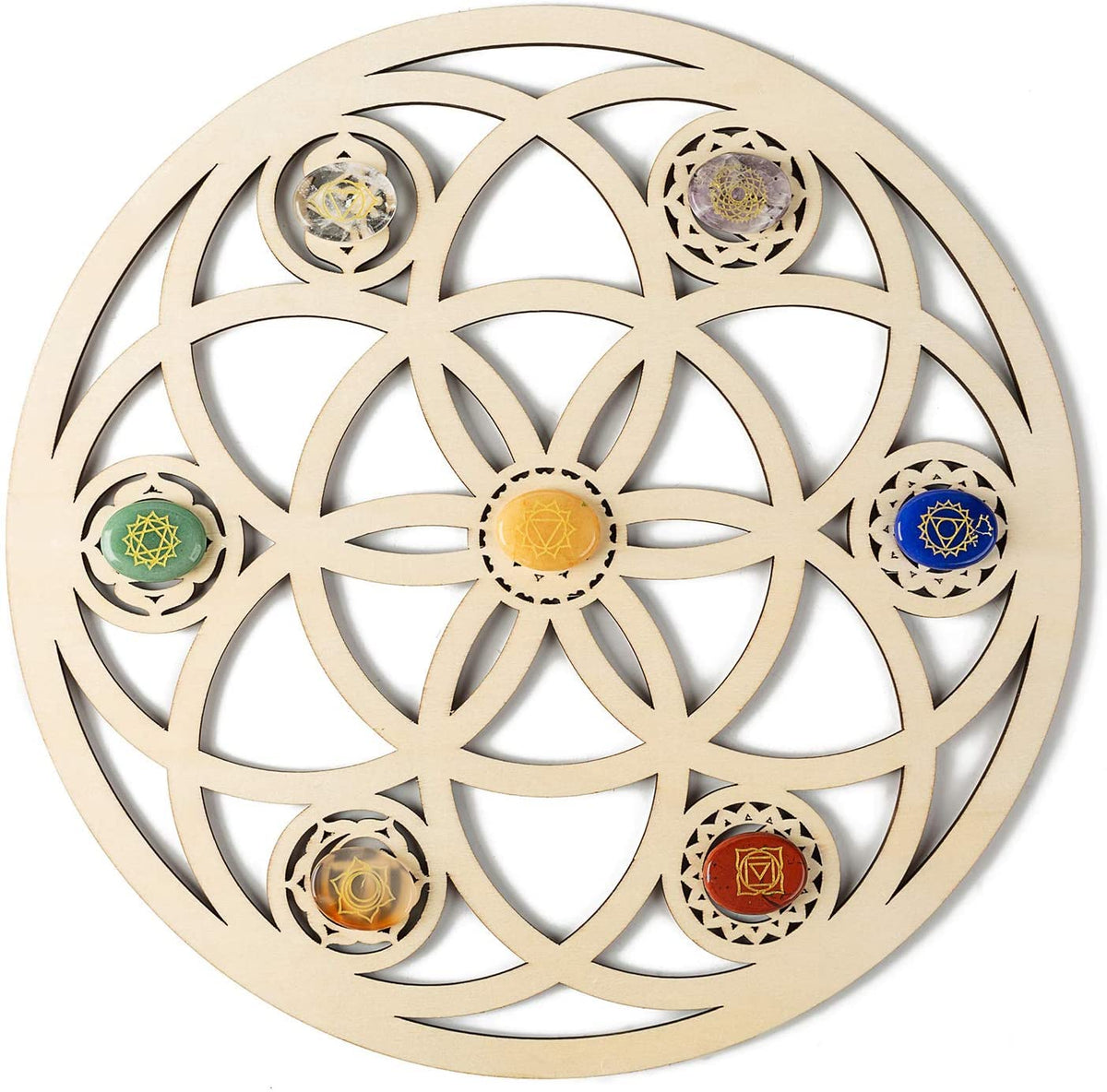 Decorative wall art with circular design and colored stones on a beige background