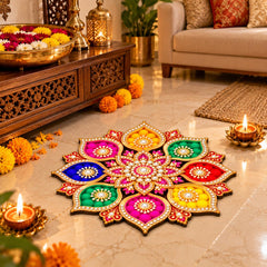 Traditional colourful rangoli decor for living room