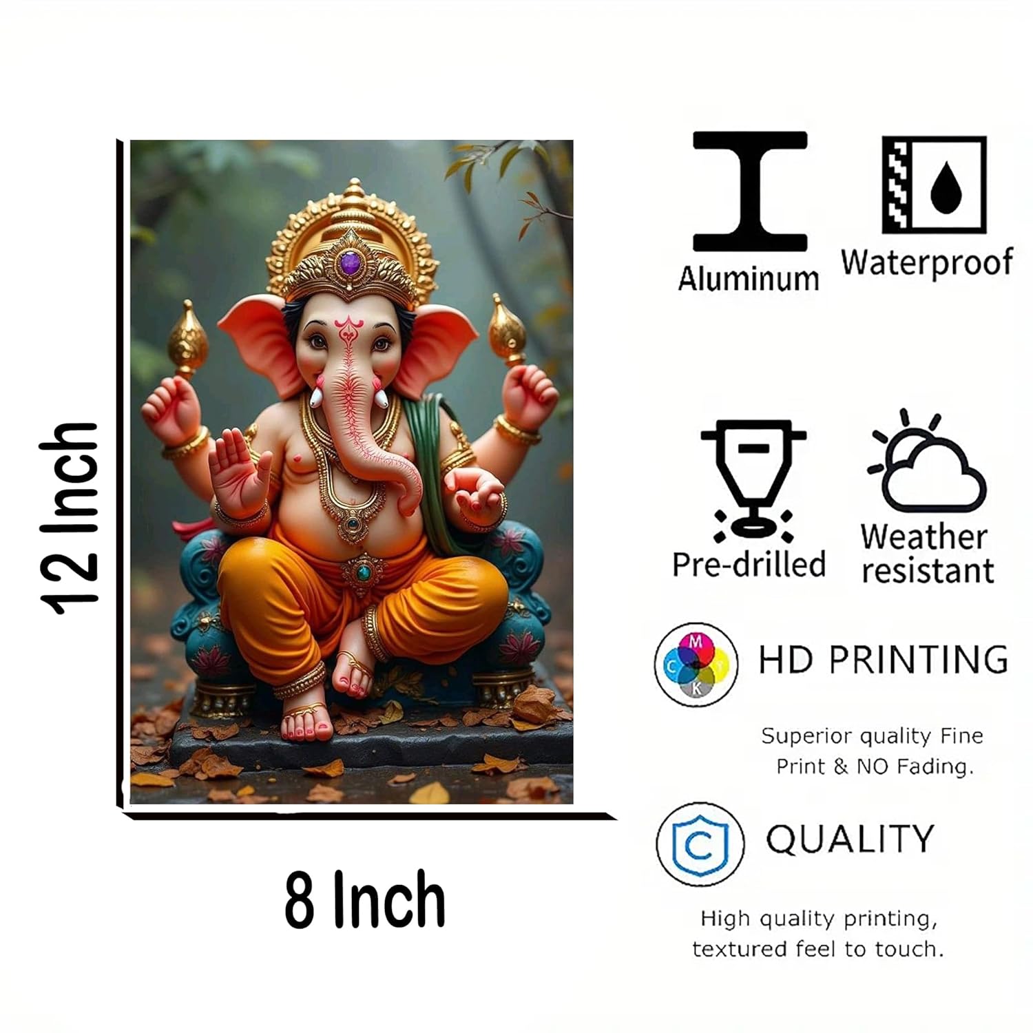 Ganesha statue with product features on a white background