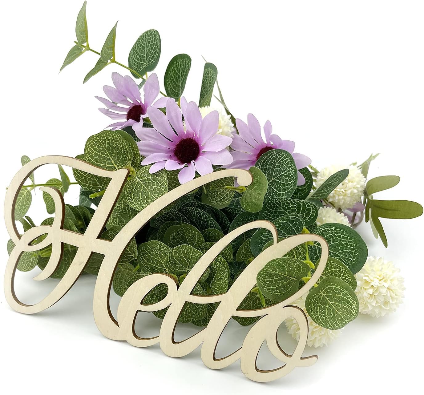 Decorative 'Hello' sign with flowers and greenery on a white background