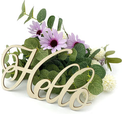 Decorative 'Hello' sign with flowers and greenery on a white background
