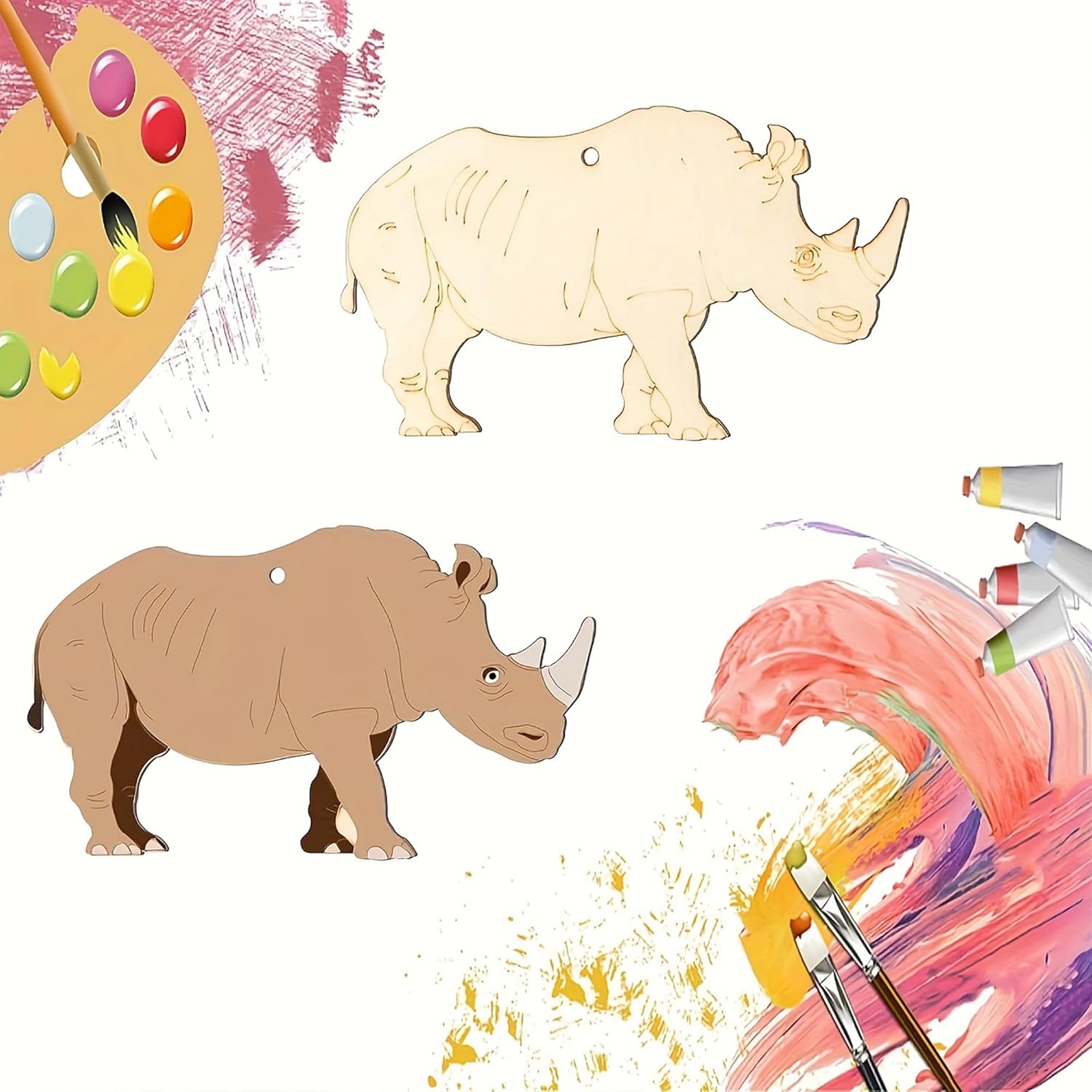 Two rhinoceros illustrations with a paint palette and brushes on a white background