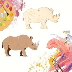 Two rhinoceros illustrations with a paint palette and brushes on a white background