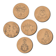 Set of six circular coasters with engraved designs on a white background