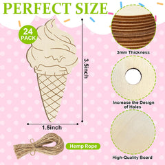 Wooden ice cream cone craft set with measurements and materials on a pink polka dot background