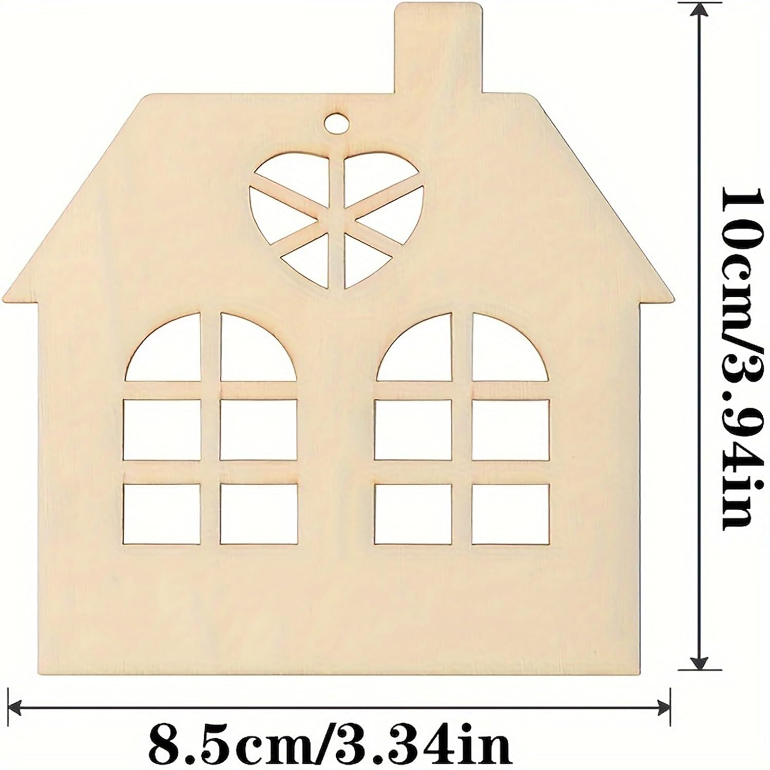 Wooden house-shaped cutout with dimensions indicated