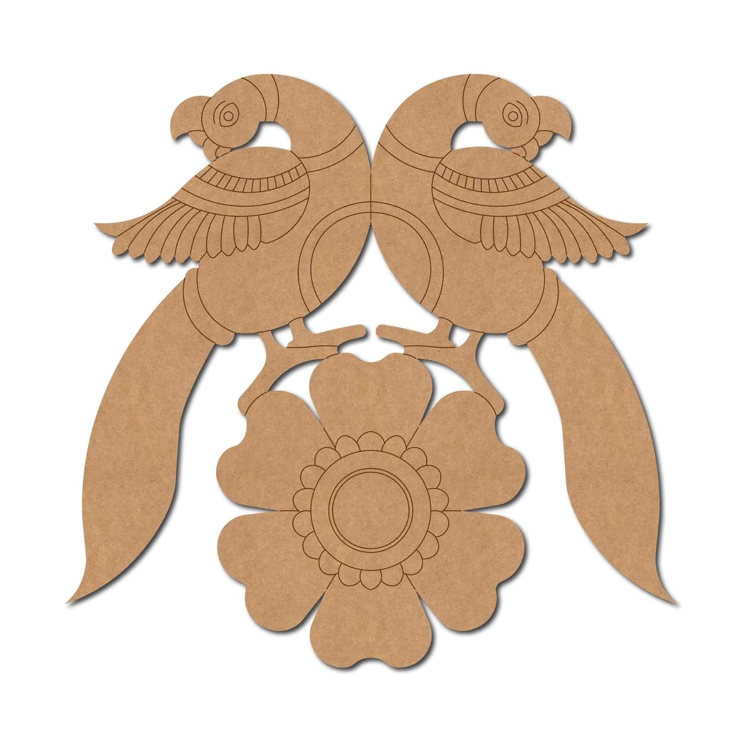 Cardboard cutout of two parrots perched on a branch with a flower, on a white background.