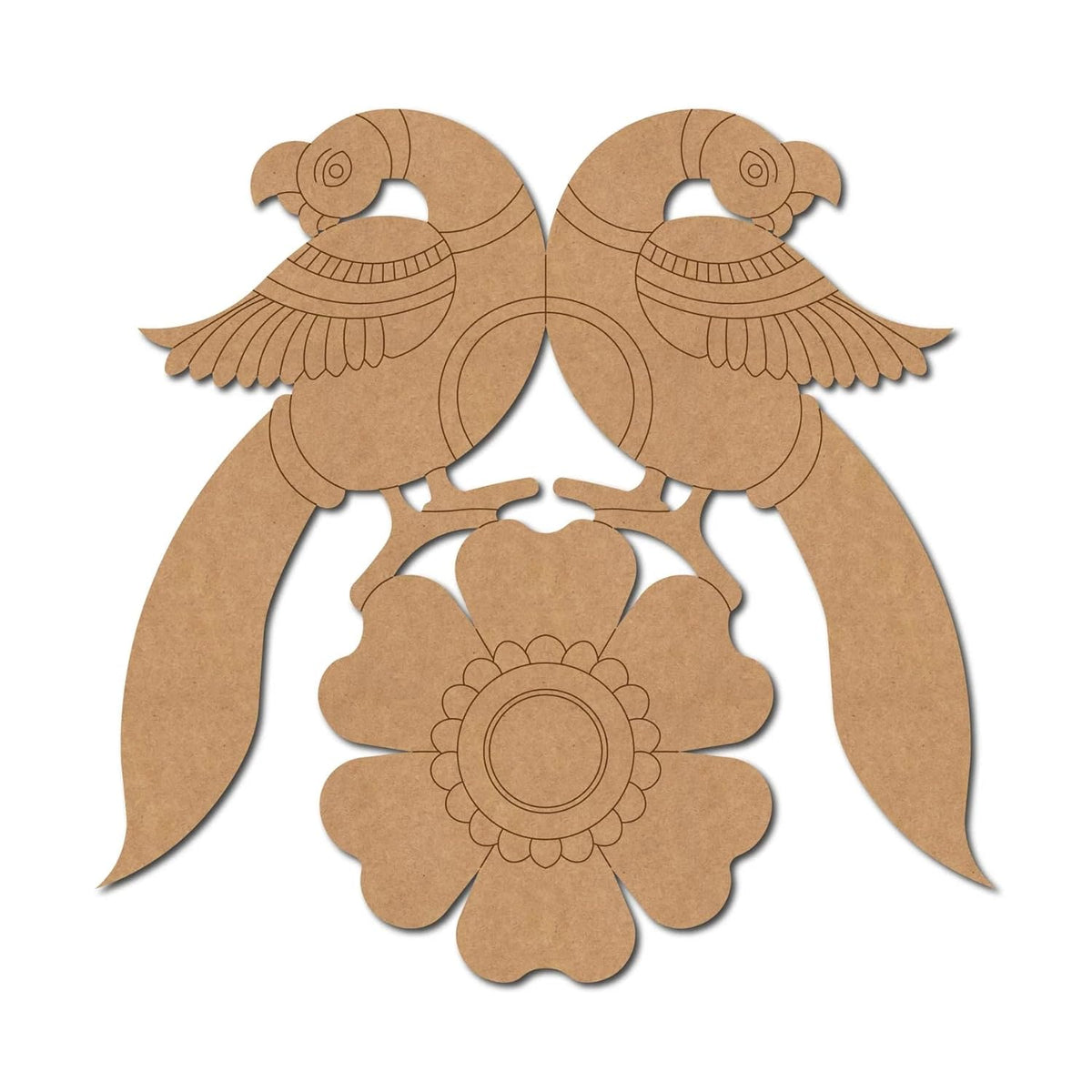 Cardboard cutout of two parrots perched on a branch with a flower, on a white background.