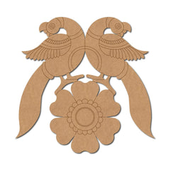 Cardboard cutout of two parrots perched on a branch with a flower, on a white background.